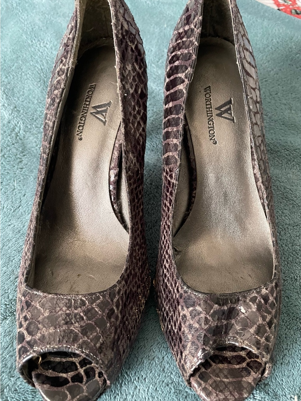 Worthington Dark Purple Snakeskin Peep-Toe Heels